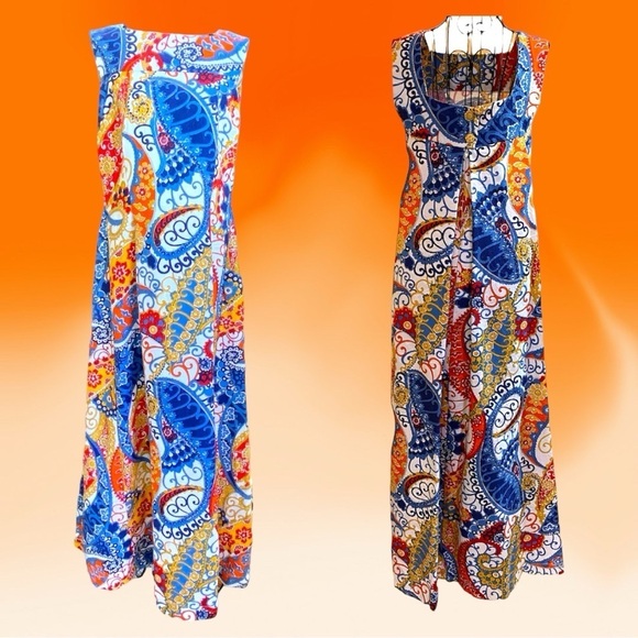 Vintage 70's Groovy Jacquard Paisley Maxi Sleeveless Dress Size Size Small - Picture 1 of 16